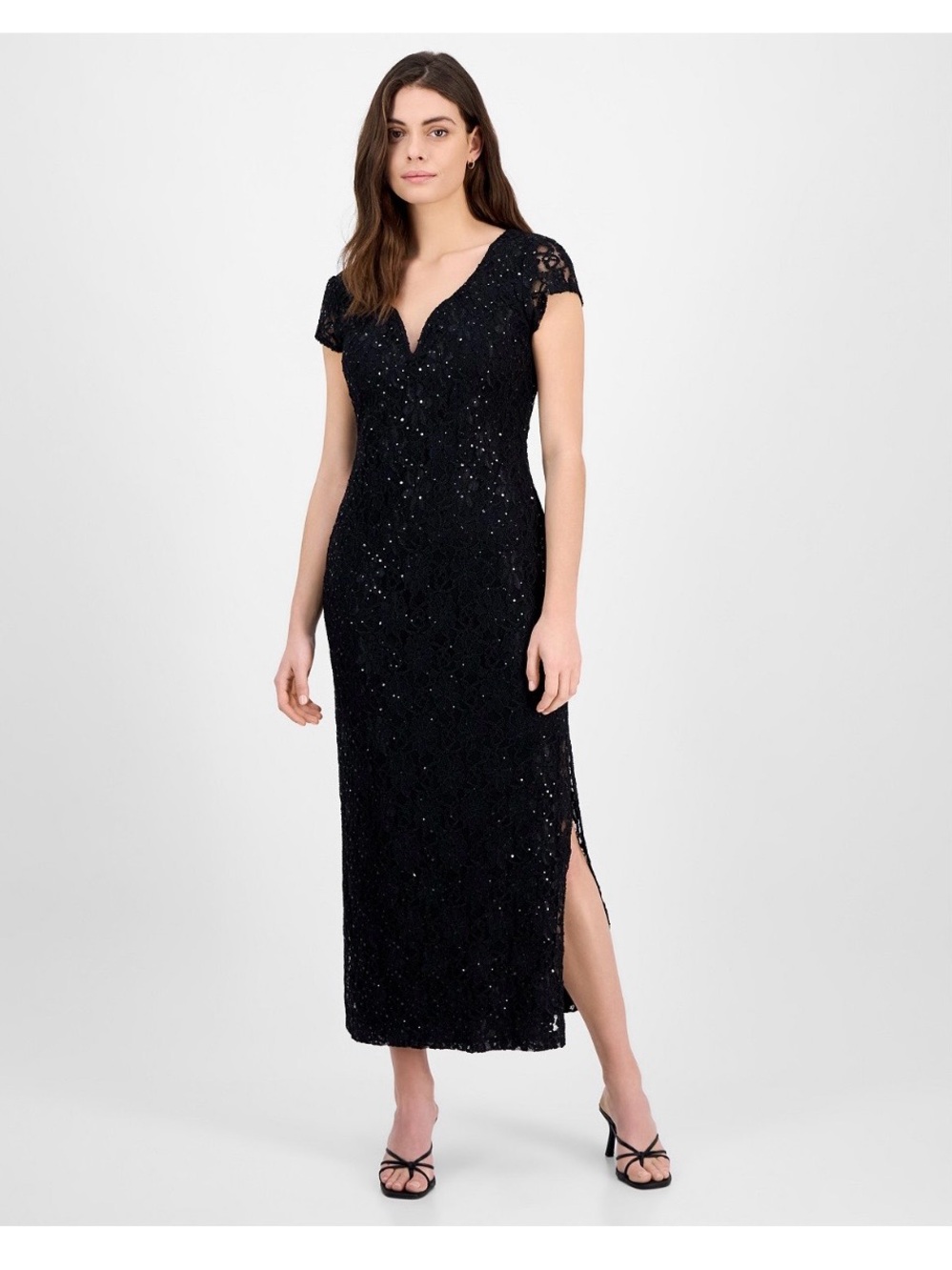 New connected apparel Black Lace Sequin Maxi Dress with Cap Sleeves - 8P